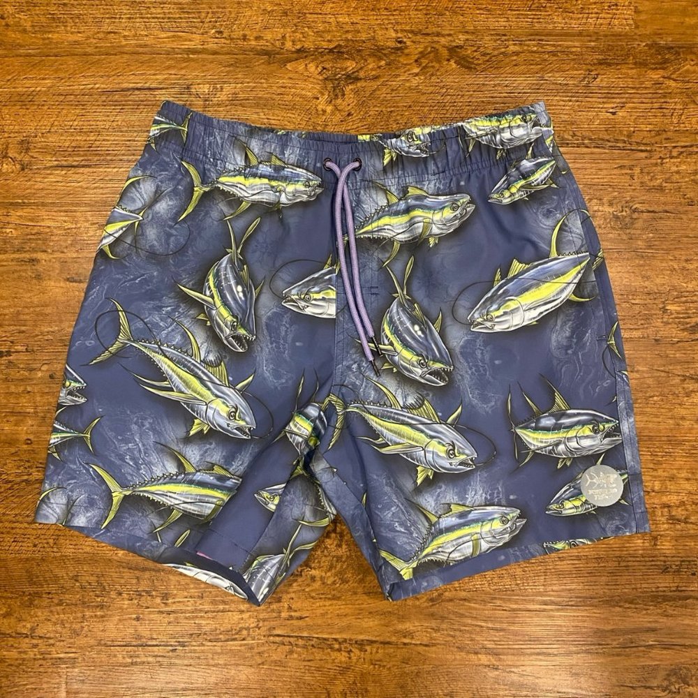 Psycho Tuna Blue Fish Print Vacation Beach Pool Swim Trunks Shorts 6" Men's Med